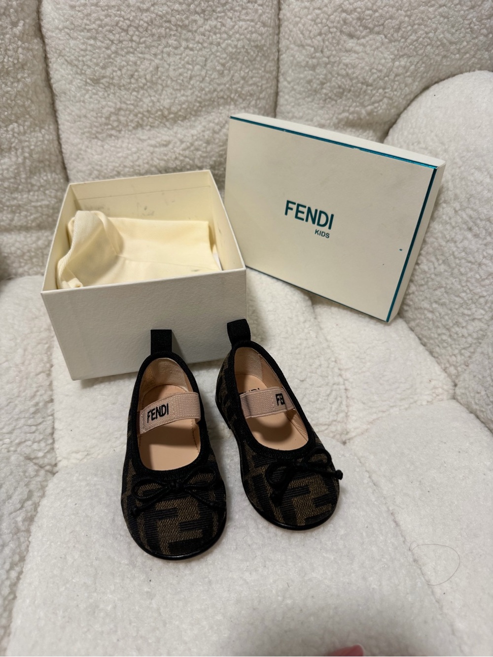 Fendi Kids Black and Beige Logo Mary Jane Flats